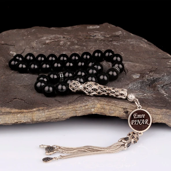 ZİRKON TAŞ İŞLEMELİ GÜMÜŞ PÜSKÜLLÜ ATEŞ KEHRİBAR TESBİH - Resim 2