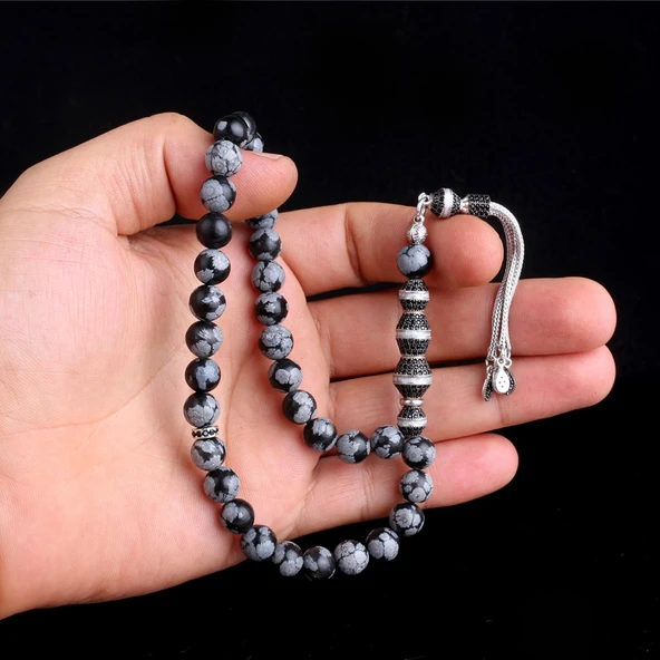 Zirkon Taşlı Gümüş Püsküllü Karlı Obsidyen Taşı Tesbih - Resim 2
