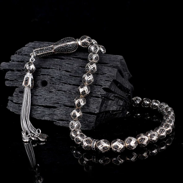 ZİRKON TAŞ İŞLEMELİ TAMAMI 925 AYAR GÜMÜŞ TESBİH - Resim 2