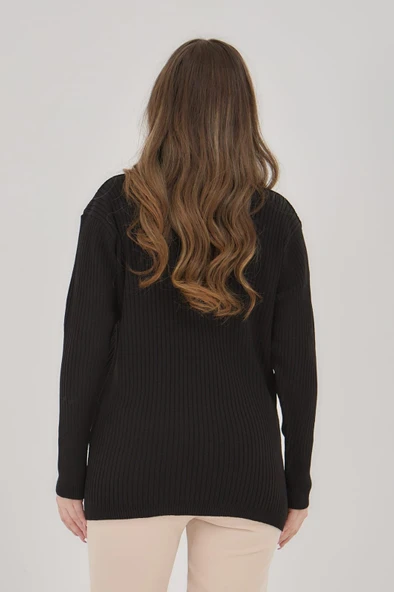 Kadın Siyah Triko Esnek V Yaka Uzun Kollu Kışlık Anne Kazak - 4