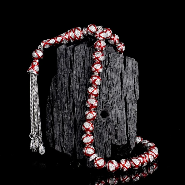 ZİRKON TAŞLI KIRMIZI MİNELİ 925 AYAR GÜMÜŞ TESBİH ürün görseli 1