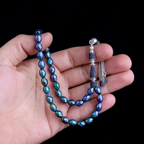 Zirkon Taşlı Gümüş Püsküllü Renk Değiştiren Arpa Kesim His Taşı Tesbih - Resim 3