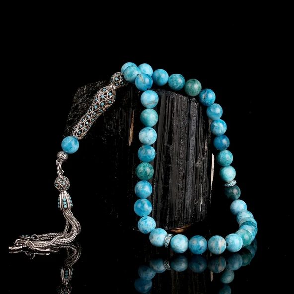 Zirkon Taşlı Gümüş Püsküllü Apatit Taşı Tesbih ürün görseli 1