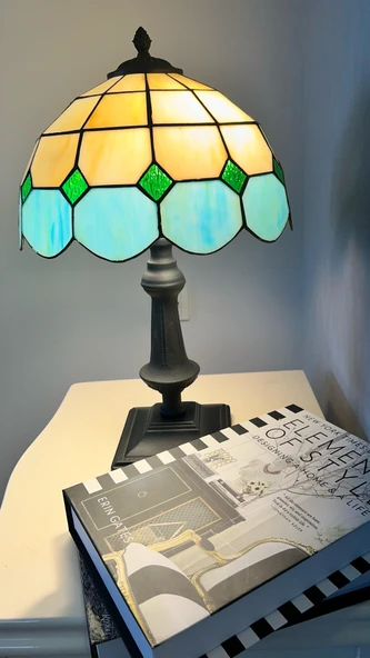 Yüceeller El Yapımı Vitray Retro Barok Abajur Masa Lambası Oturma ve Yatak Odası Yeşil Beyaz Siyah - 3