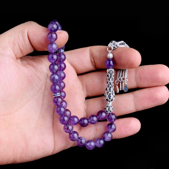 Zirkon Taşlı Gümüş Püsküllü Ametist Taşı Tesbih - Resim 2