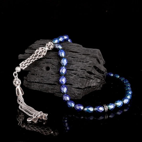 Zirkon Taşlı Gümüş Püsküllü Renk Değiştiren Arpa Kesim His Taşı Tesbih - Resim 2