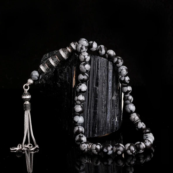 Zirkon Taşlı Gümüş Püsküllü Karlı Obsidyen Taşı Tesbih ürün görseli