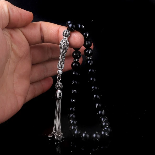 ZİRKON TAŞ İŞLEMELİ GÜMÜŞ PÜSKÜLLÜ GÜRCİSTAN OLTU TAŞI TESBİH - Resim 2