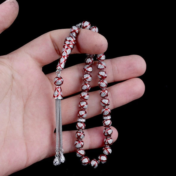 ZİRKON TAŞLI KIRMIZI MİNELİ 925 AYAR GÜMÜŞ TESBİH - Resim 3