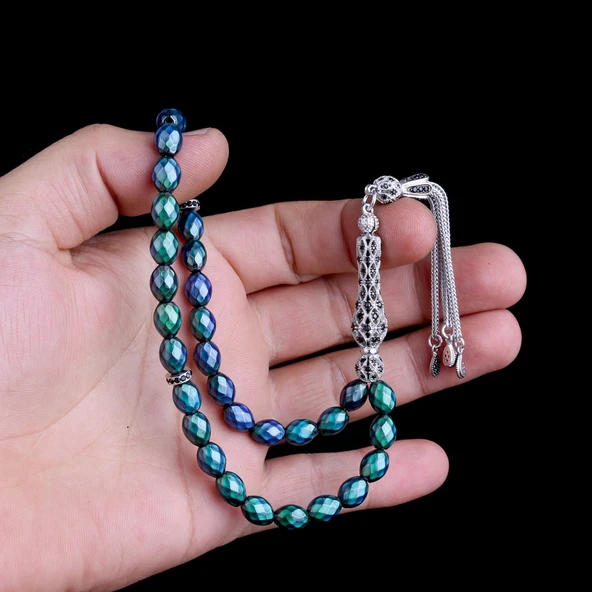 Zirkon Taşlı Gümüş Püsküllü Renk Değiştiren Arpa Kesim His Taşı Tesbih - Resim 3