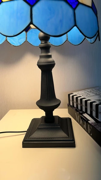 Yüceeller El Yapımı Vitray Retro Barok Abajur Masa Lambası Oturma ve Yatak Odası Mavi Beyaz Siyah - 2