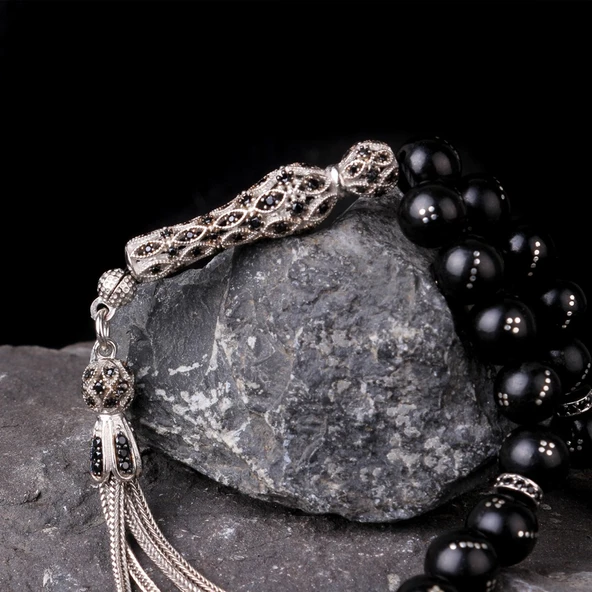 ZİRKON TAŞ İŞLEMELİ GÜMÜŞ PÜSKÜLLÜ GÜRCİSTAN OLTU TAŞI TESBİH - Resim 3