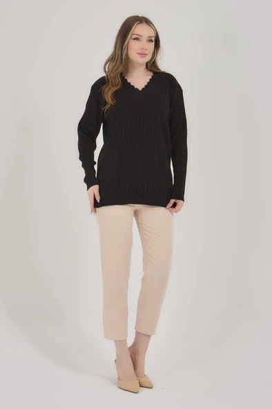 Kadın Siyah Triko Esnek V Yaka Uzun Kollu Kışlık Anne Kazak - 5