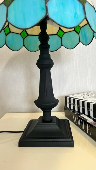 Yüceeller El Yapımı Vitray Retro Barok Abajur Masa Lambası Oturma ve Yatak Odası Yeşil Beyaz Siyah - 7