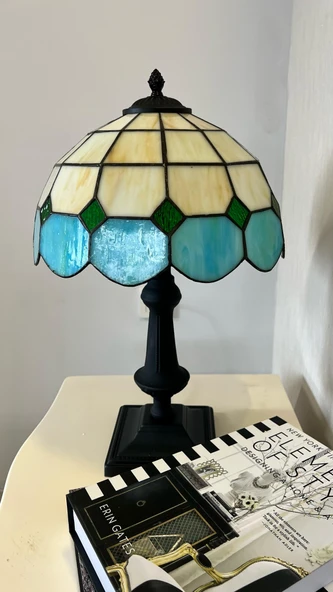 Yüceeller El Yapımı Vitray Retro Barok Abajur Masa Lambası Oturma ve Yatak Odası Yeşil Beyaz Siyah