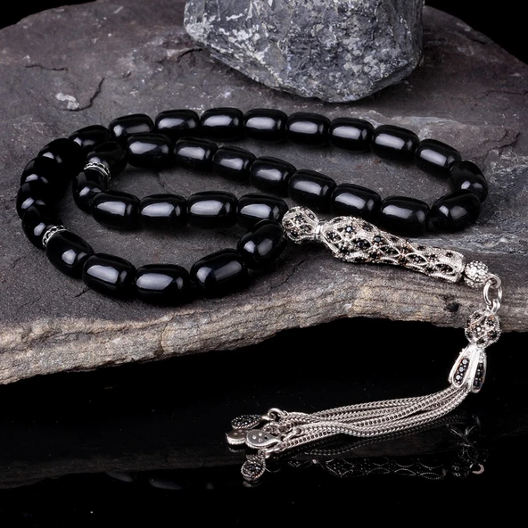 ZİRKON TAŞ İŞLEMELİ GÜMÜŞ PÜSKÜLLÜ ATEŞ KEHRİBAR TESBİH - Resim 2