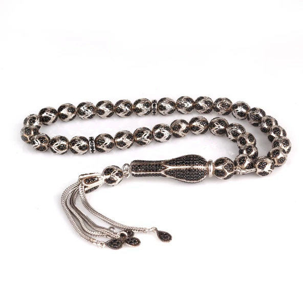 ZİRKON TAŞ İŞLEMELİ TAMAMI 925 AYAR GÜMÜŞ TESBİH - Resim 4