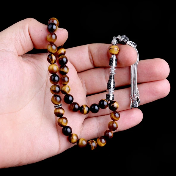 Zirkon Taşlı Gümüş Püsküllü Kaplangözü Taşı Tesbih - Resim 2