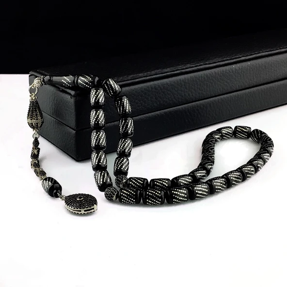 ZİRKON TAŞLI PÜSKÜLLÜ GÜMÜŞ İŞLEME KAPSÜL ATEŞ KEHRİBAR TESBİH - Resim 2