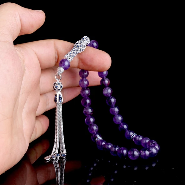 Zirkon Taşlı Gümüş Püsküllü Ametist Taşı Tesbih - Resim 3