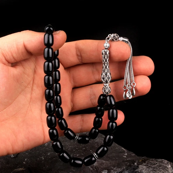 ZİRKON TAŞ İŞLEMELİ GÜMÜŞ PÜSKÜLLÜ ATEŞ KEHRİBAR TESBİH - Resim 5