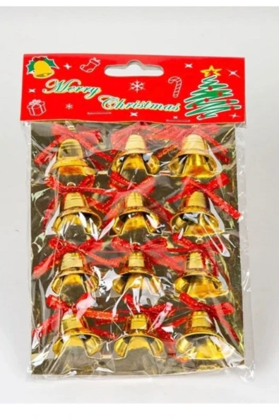 12 Adet Mini Çan 4CM Altın Sarısı Kurdeleli 12 Zil Süs Yılbaşı Çam Ağacı Süsü Gold Yılbaşı Çam Ağacı - 3