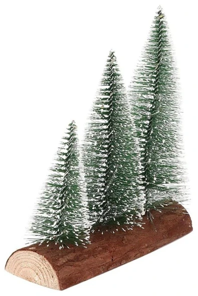 Meşe Kütük Üzerinde Çam Ağaçları 3 Lü Set Nevada Mini Çam Ağaçları Yılbaşı Hediyesi 16-12-10  CM - 3