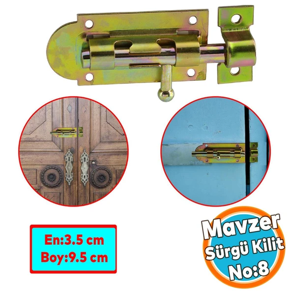 Mavzer Sürgü Kilit No:8 Kadmiyum 35x95 mm Kapı Pencere Emniyet Mandalı Kilidi