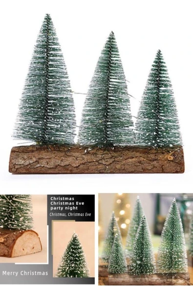 3 Lü Set Nevada Mini Çam Ağaçları Yılbaşı Hediyesi Meşe Kütük Üzerinde Çam Ağaçları 16-12-10  CM - 2