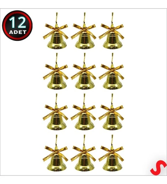 12 Zil Süs Yılbaşı Çam Ağacı Süsü Gold Yılbaşı Çam Ağacı 12 Adet Mini Çan 4CM Altın Sarısı Kurdeleli - 2