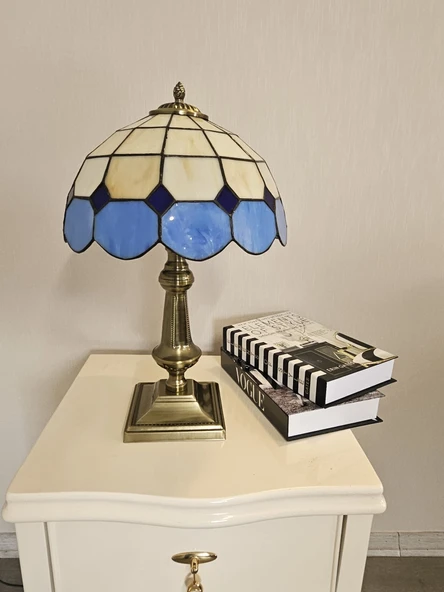 Yüceeller El Yapımı Eskitme Vitray Retro Barok Abajur Masa Lambası Oturma ve Yatak Odası Mavi Beyaz Siyah - 3