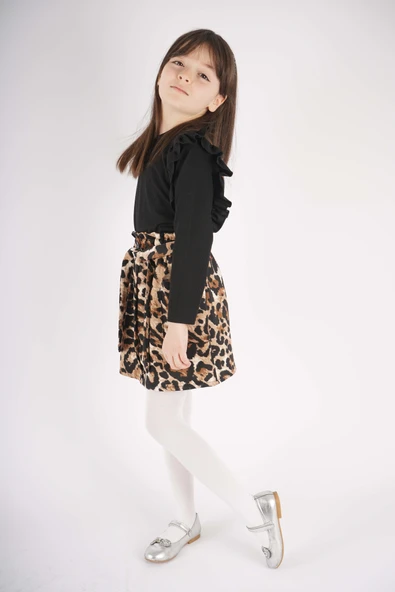 KIZ ÇOCUK LEOPAR CEP MODEL ETEKLİ KOL DETAYLI TAKIM - Resim 12