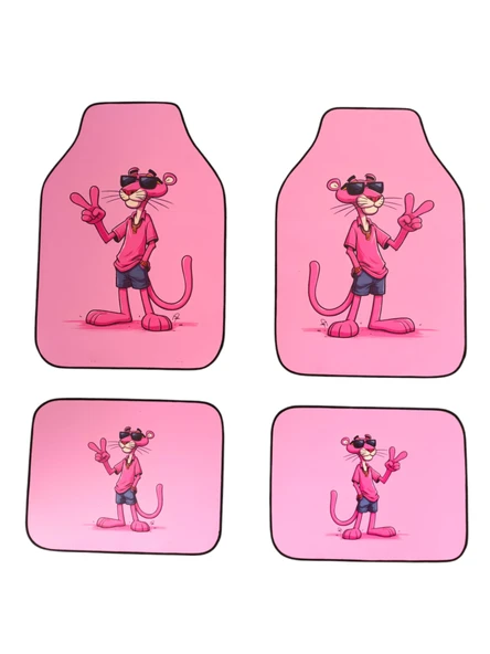 Oto Halı Paspas Universal 4 Parça Pembe Pembe Panter Desenli