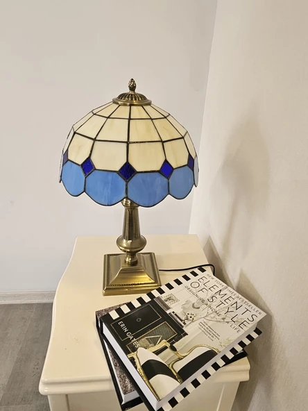 Yüceeller El Yapımı Eskitme Vitray Retro Barok Abajur Masa Lambası Oturma ve Yatak Odası Mavi Beyaz Siyah - 2