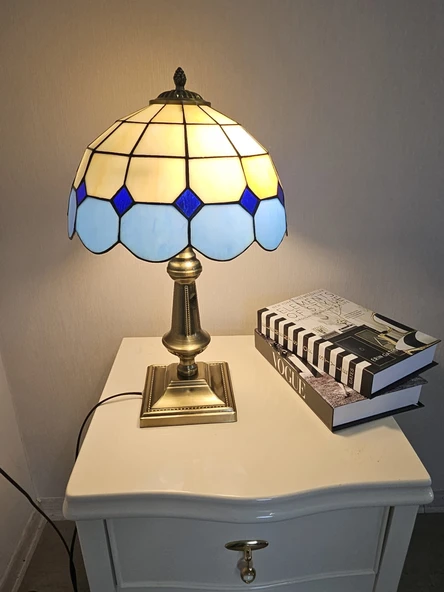 Yüceeller El Yapımı Eskitme Vitray Retro Barok Abajur Masa Lambası Oturma ve Yatak Odası Mavi Beyaz Siyah - 4