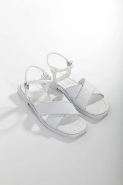 MİA028-3010 Hakiki Deri Kadın Günlük Konforlu BEYAZ Tatil Sandalet - Resim 3