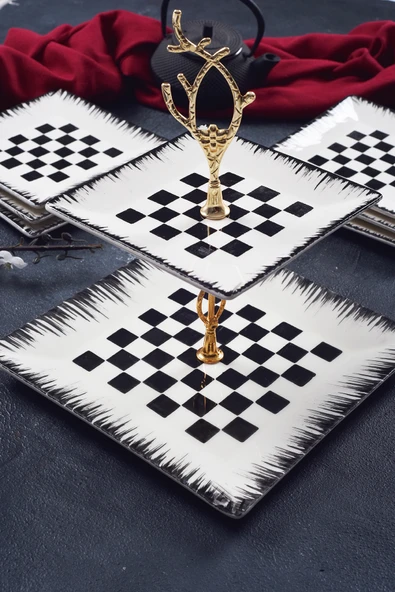 Piatti Naturali Çift Katlı Seramik Dama Desen Kurabiyelik Aperatif İki Katlı Sunum Tabağı Servis Seti İkramlık ürün görseli