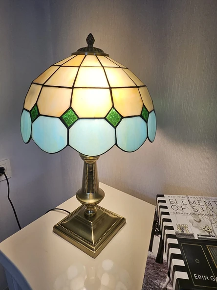 Yüceeller El Yapımı Eskitme Vitray Retro Barok Abajur Masa Lambası Oturma Yatak Odası yeşil beyaz - 4