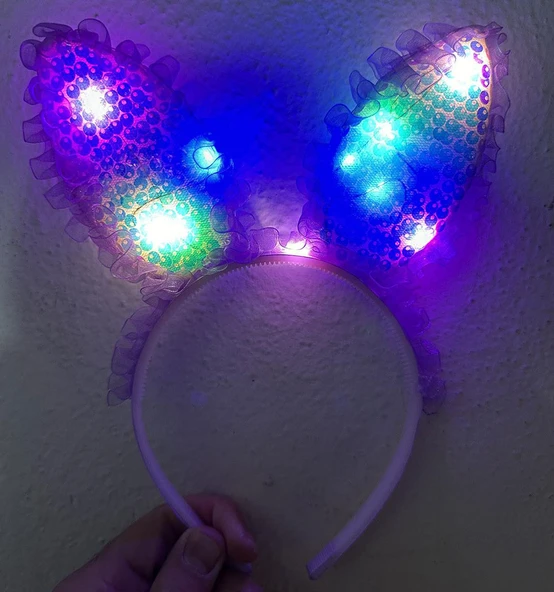 Kenarları Dantelli Mor Pullu Payetli Led Işıklı Tavşan Kulak Taç 23x19 cm - 2