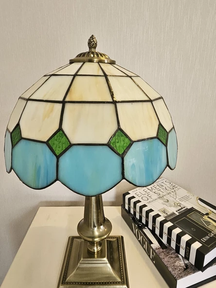 Yüceeller El Yapımı Eskitme Vitray Retro Barok Abajur Masa Lambası Oturma Yatak Odası yeşil beyaz - 3