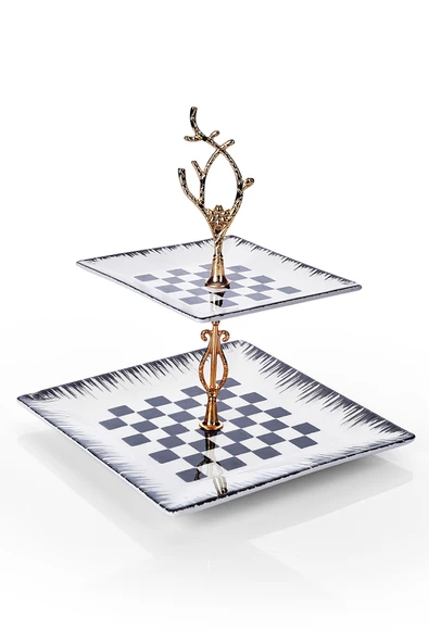 Piatti Naturali Çift Katlı Seramik Dama Desen Kurabiyelik Aperatif İki Katlı Sunum Tabağı Servis Seti İkramlık - 2