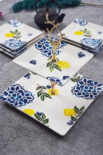 Piatti Naturali Çift Katlı Seramik Limon Desen Kurabiyelik Aperatif İki Katlı Sunum Tabağı Servis Seti İkramlık