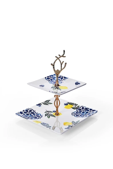 Piatti Naturali Çift Katlı Seramik Limon Desen Kurabiyelik Aperatif İki Katlı Sunum Tabağı Servis Seti İkramlık - 2