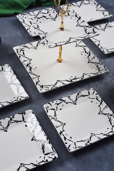 Piatti Naturali İkram Seti Mermer Seramik Çift Katlı Sunum Tabağı & 6 adet Tatlı Pasta Tabağı Kurabiyelik İkramlık - 2