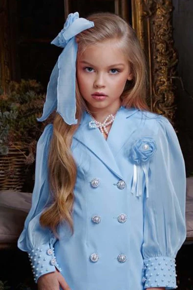 Kız Çocuk Bilekleri İnci Boncuk İşlemeli Kolları Şeffaf Kumaş Taş Düğme Detaylı Mavi Elbise - Resim 3