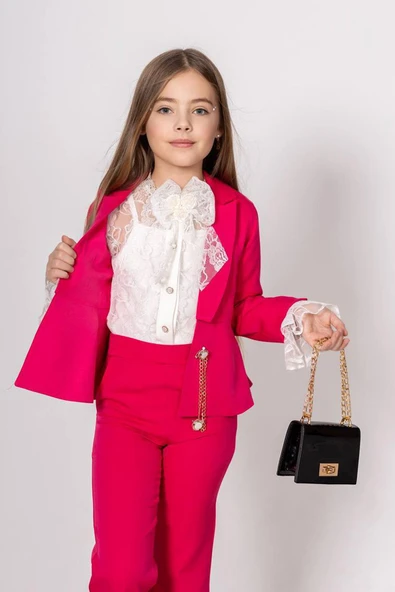 Kız Çocuk Dantel İşlemeli İspanyol Kol Bluz Zincir Düğme Detaylı Blazer Ceket Fuşya Alt Üst Takım - Resim 3
