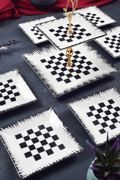 Piatti Naturali İkram Seti Dama Seramik Çift Katlı Sunum Tabağı & 6 adet Tatlı Pasta Tabağı Kurabiyelik İkramlık - 2