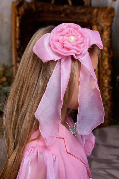 Kız Çocuk Bilekleri İnci Boncuk İşlemeli Kolları Şeffaf Kumaş Taş Düğme Detaylı Pembe Elbise - Resim 11