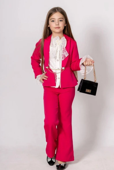 Kız Çocuk Dantel İşlemeli İspanyol Kol Bluz Zincir Düğme Detaylı Blazer Ceket Fuşya Alt Üst Takım ürün görseli