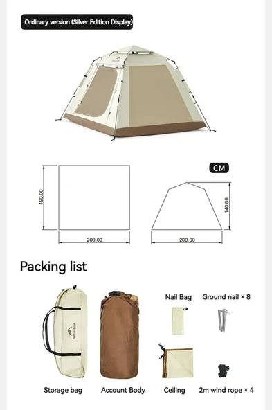 Naturehike Ango Picnic Otomatik Kurulum 3 Kişilik Çadır Standart - 3